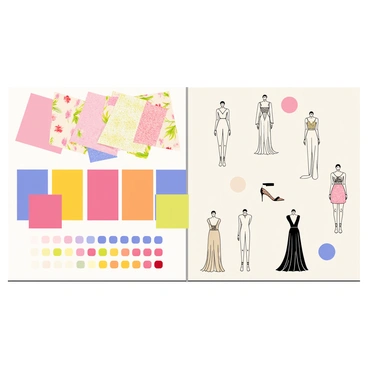 A creative mood board featuring fabric swatches, color palettes, and fashion sketches.