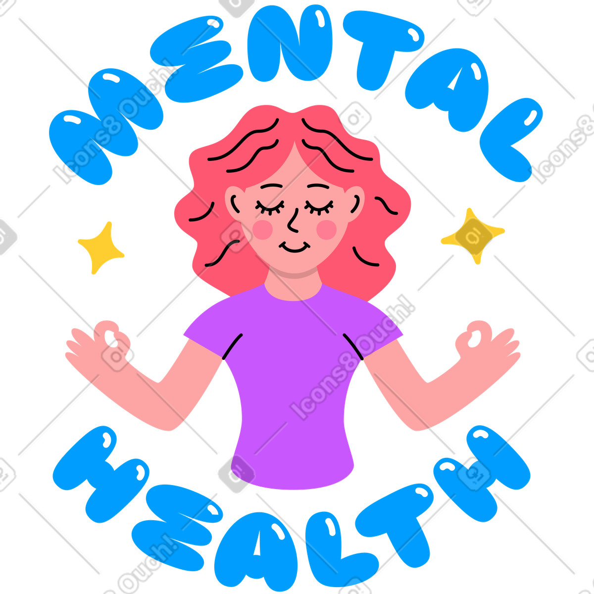 Illustration Lettrage santé mentale avec fille dans le texte de pose lotus style Lettering à télécharger aux formats PNG, SVG