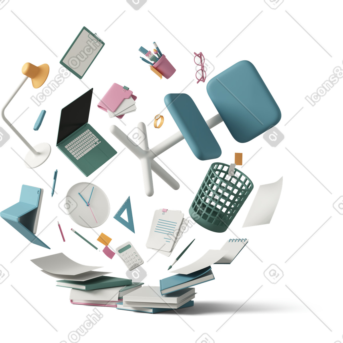 Laptop with falling and balancing office supplies-Illustration im 3D Casual life-Stil als Download in PNG, SVG