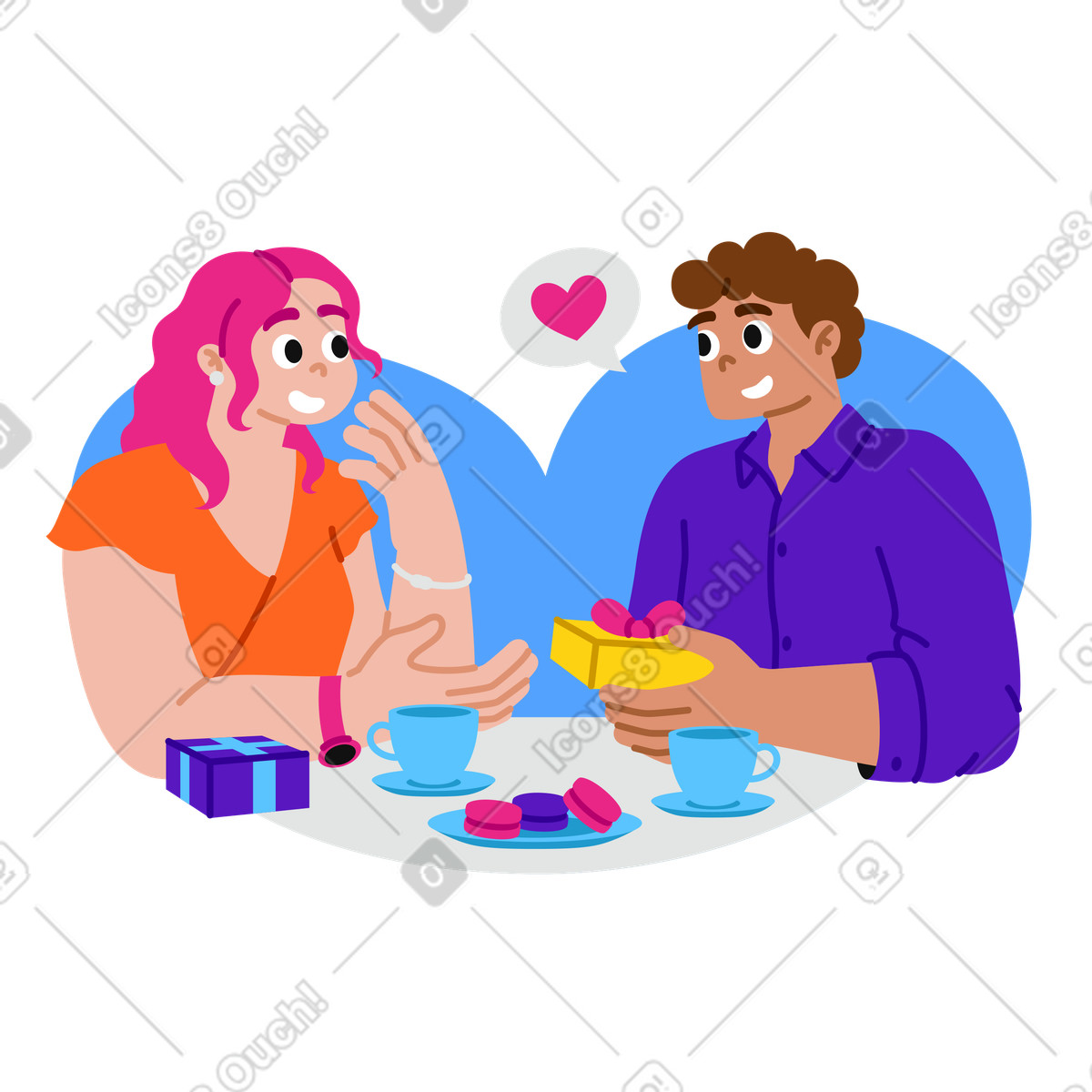 Young man and woman giving each other gifts on a date animated illustration in Active style download in GIF, Lottie (JSON), AE