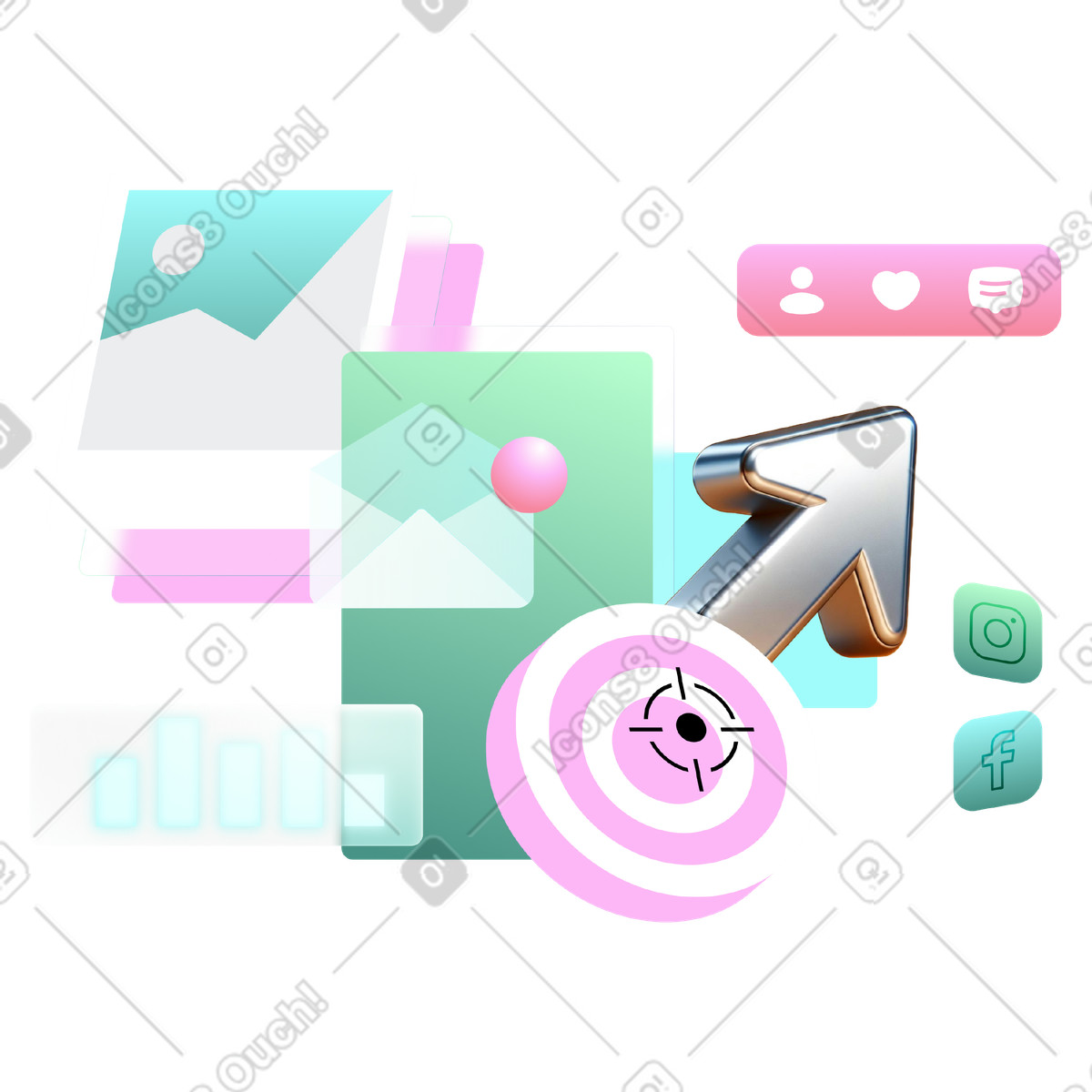 Social media, email marketing e pubblicità mirata illustrazione in stile Chromed scarica in PNG, SVG