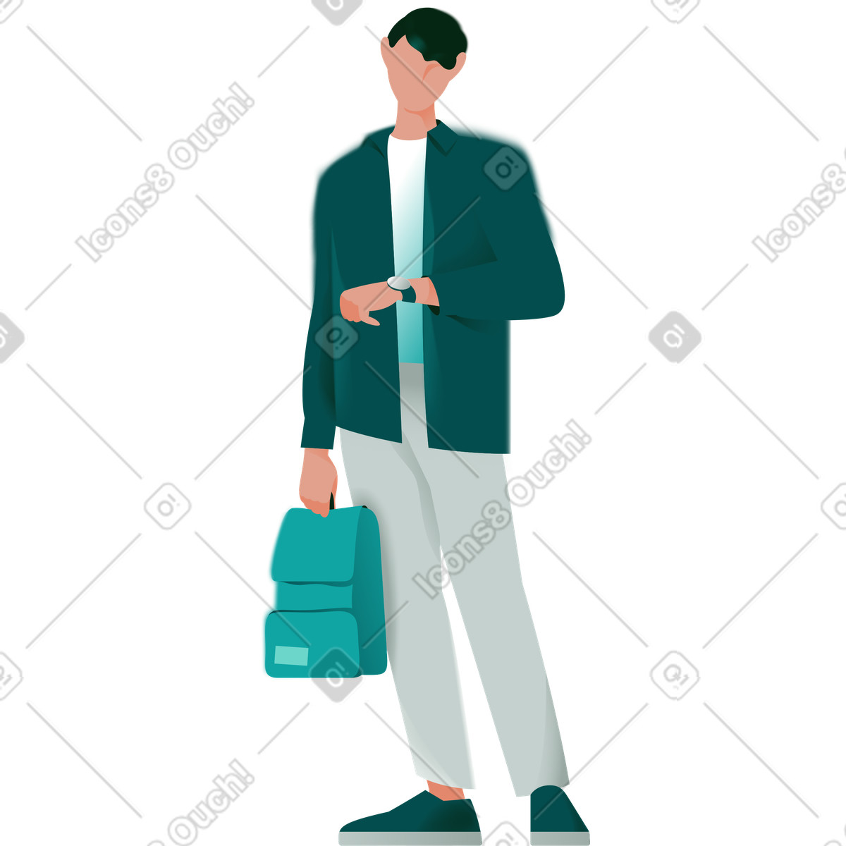 Junger mann mit rucksack schaut auf seine uhr-Illustration im Office-Stil als Download in PNG, SVG