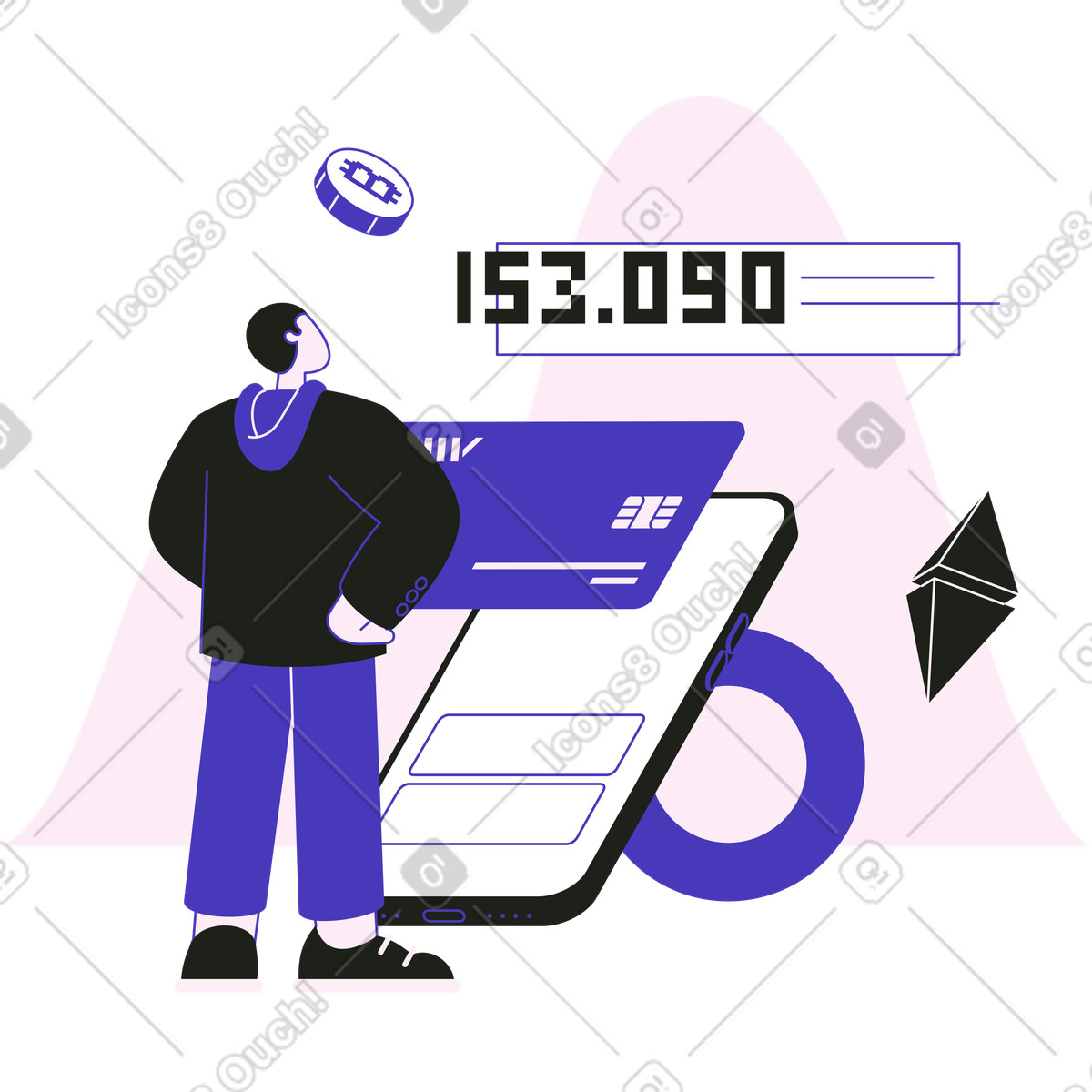 Blueberry スタイルの Checking digital assets on phone, Crypto banking and wallet management のイラストをPNG、SVG形式でダウンロード
