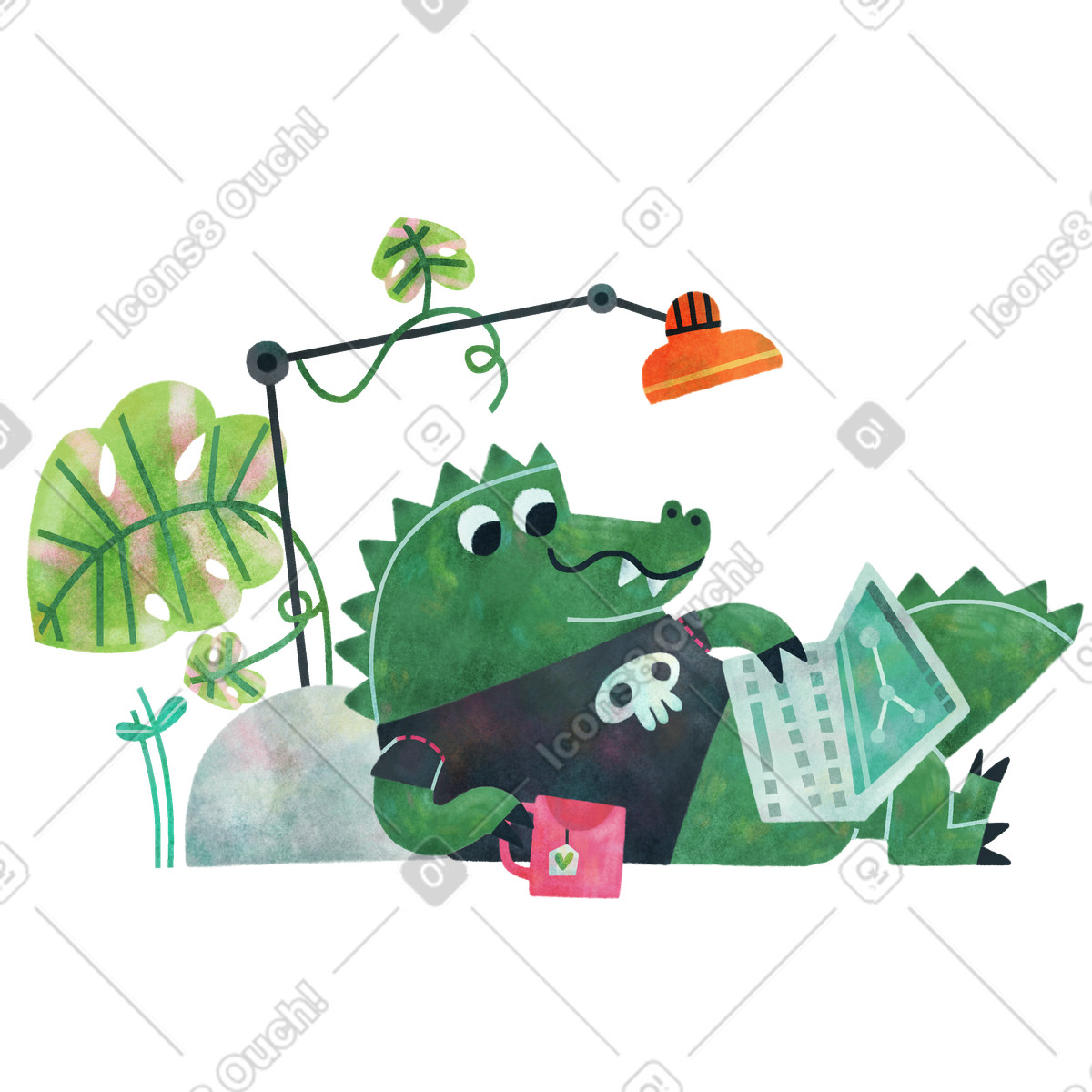 Alligator-charakter arbeitet remote mit laptop-Illustration im Jungle-Stil als Download in PNG, SVG