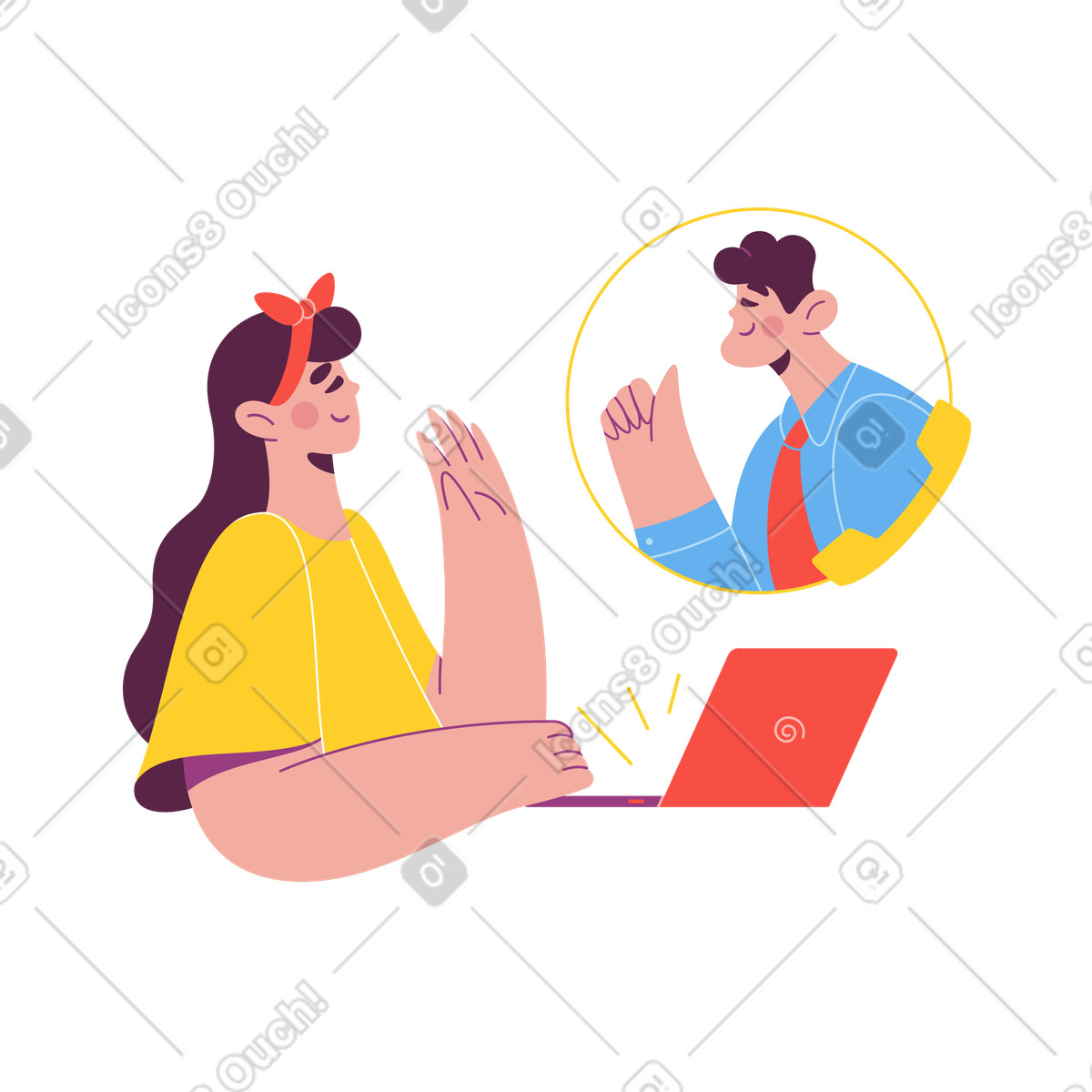Smiling people greeting in online call, Digital connection and remote work illustration Sammy style download PNG, SVG