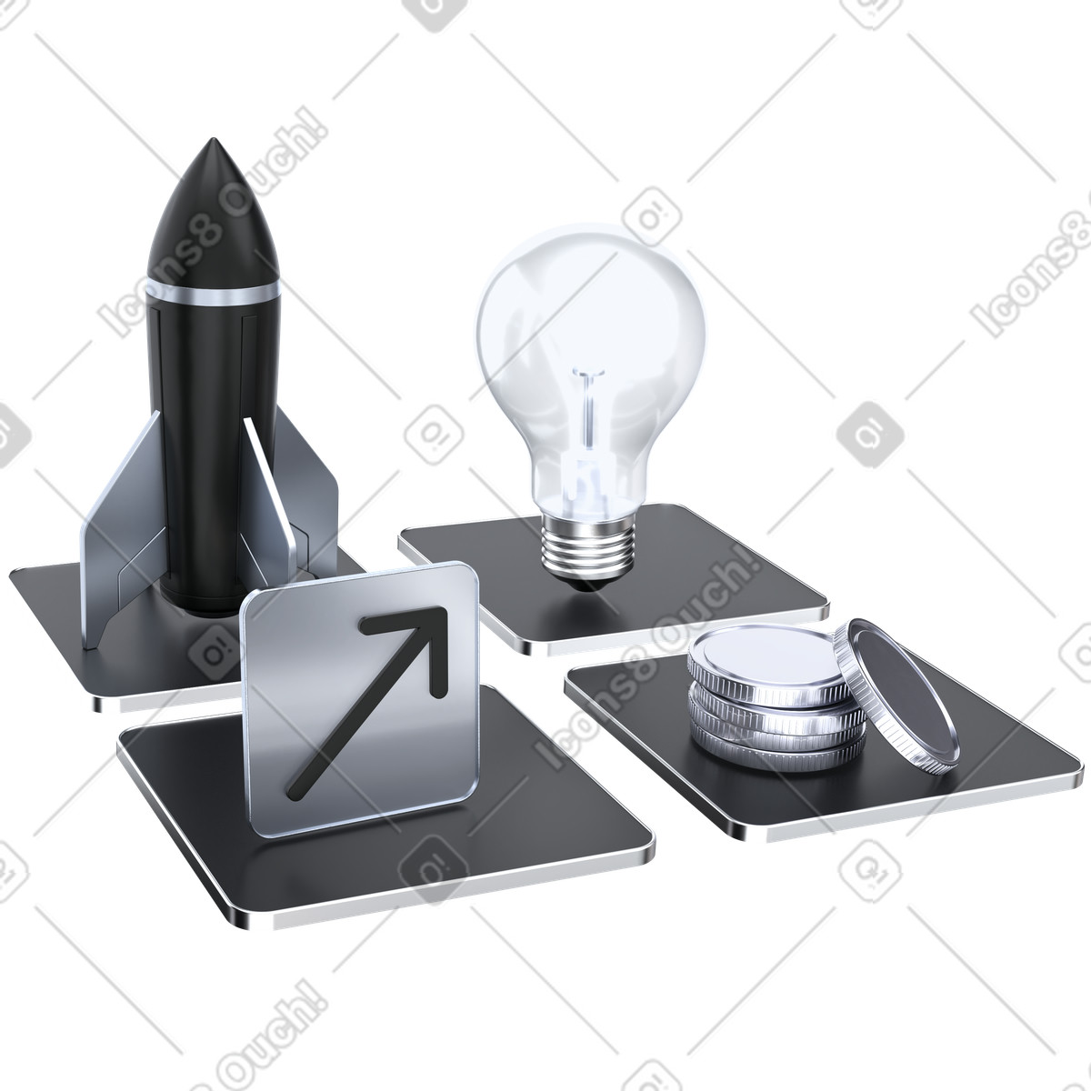 Ilustración Innovación empresarial para startups, planificación del lanzamiento de productos, estrategia crecimiento ingresos en estilo 3D Pro a descargar en PNG y SVG