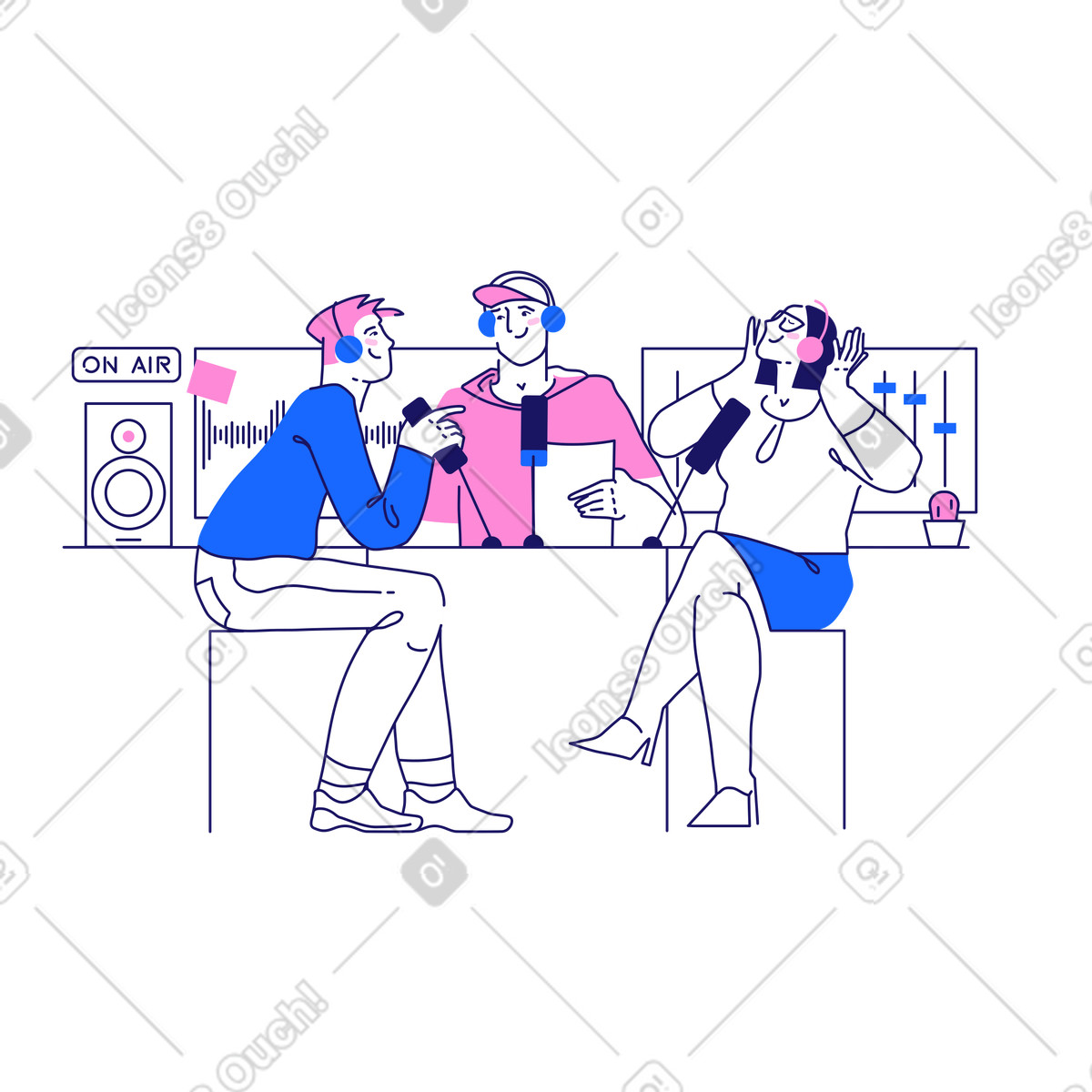 Matey スタイルの サウンド スタジオでポッド キャストを録音する人々 のイラストをPNG、SVG形式でダウンロード