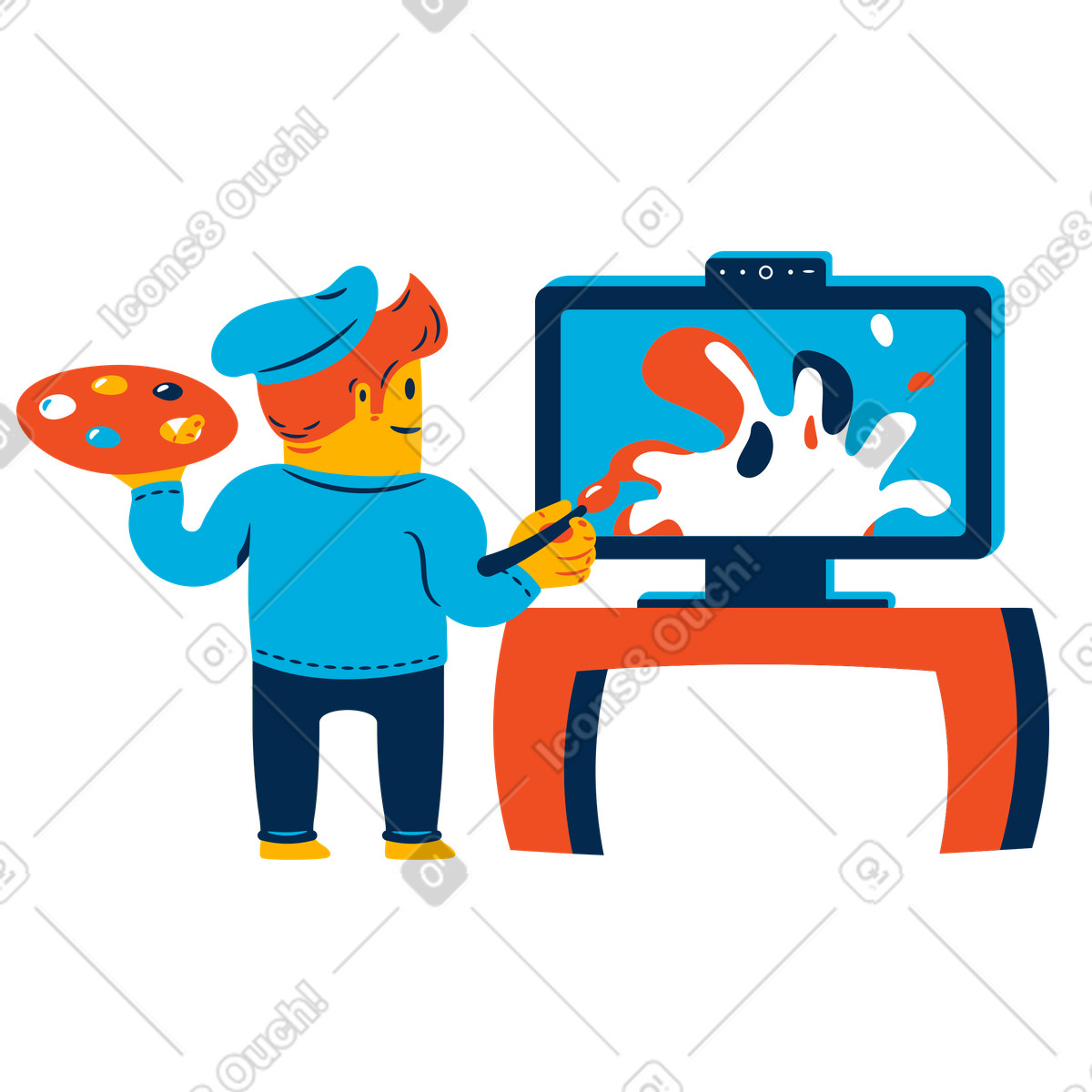 Artist with color palette painting on monitor illustration in Flame style download in PNG, SVG