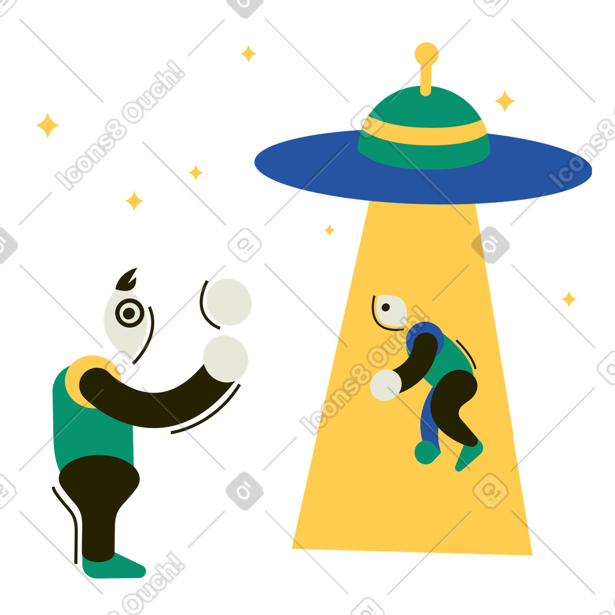 Ilustración Hombre observa cómo un niño es secuestrado por extraterrestres en estilo Spot a descargar en PNG y SVG