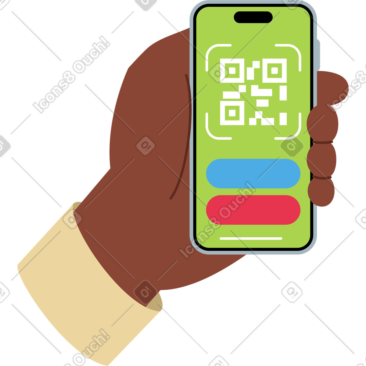 Иллюстрация Рука держит телефон с qr-кодом в стиле Catchy — скачать в форматах PNG, SVG