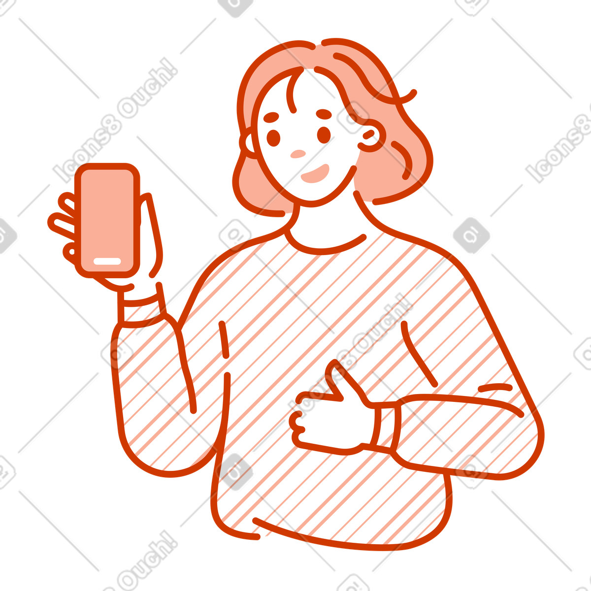 Illustration Femme tenant un smartphone et le pouce levé dans style Natty à télécharger aux formats PNG, SVG