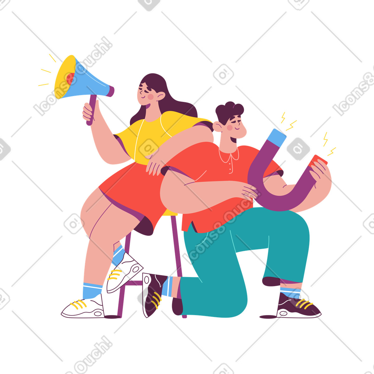 Colleagues promoting with megaphone and magnet, Digital marketing strategy illustrazione in stile Sammy scarica in PNG, SVG