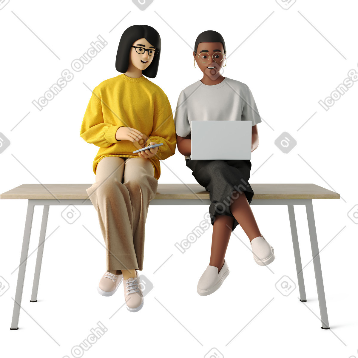 Ilustração de Young women sitting with laptop on the table em no estilo 3D Business para baixar em PNG, SVG