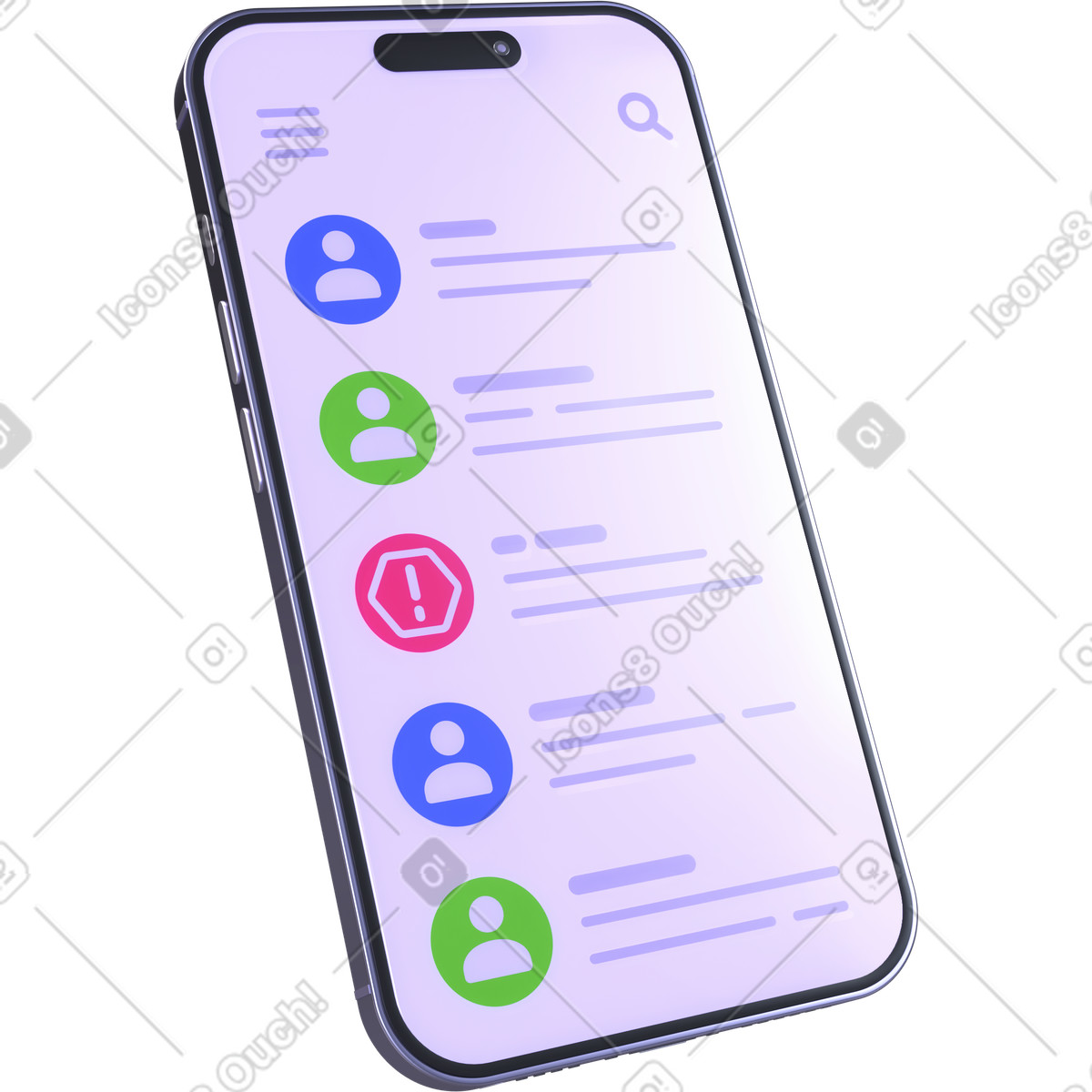 Illustration Application de messagerie mobile, interface liste messages, notification d'alerte spam dans le style 3D Boost à télécharger aux formats PNG, SVG