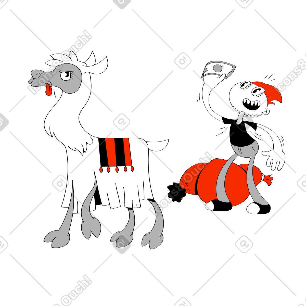 Looney スタイルの 旅行の同伴者としてラマを雇う男性 のイラストをPNG、SVG形式でダウンロード