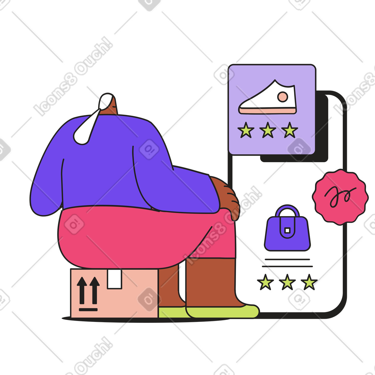 Ilustración animada Mujer sentada en una caja y eligiendo productos la tienda online estilo Dazzle a descargar GIF, Lottie (JSON), AE