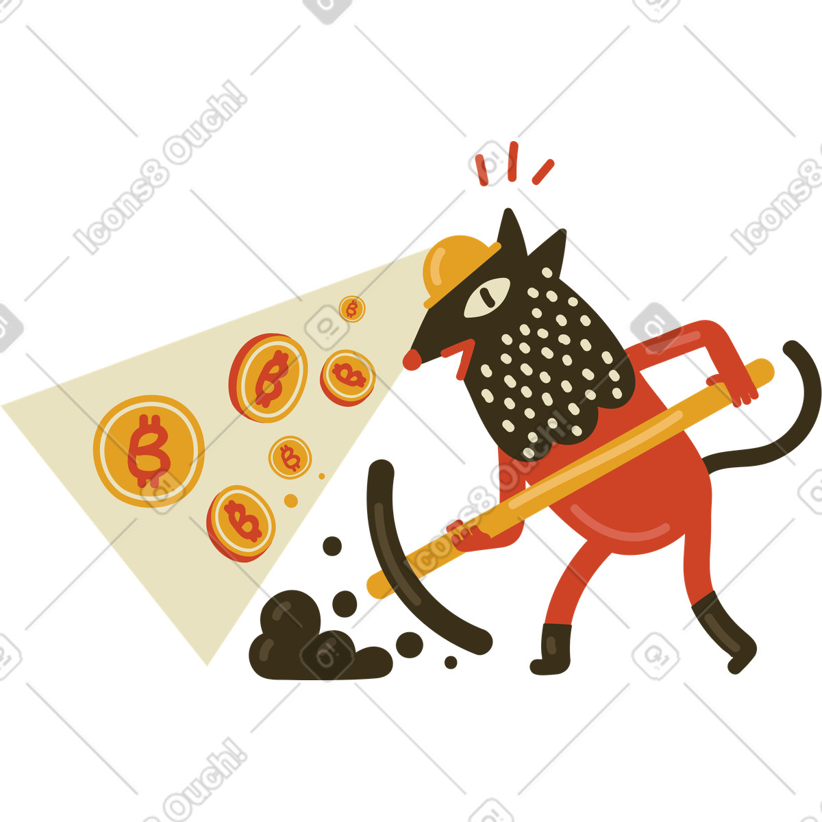 Character mining bitcoin with a pickaxe illustration in PNG, SVG