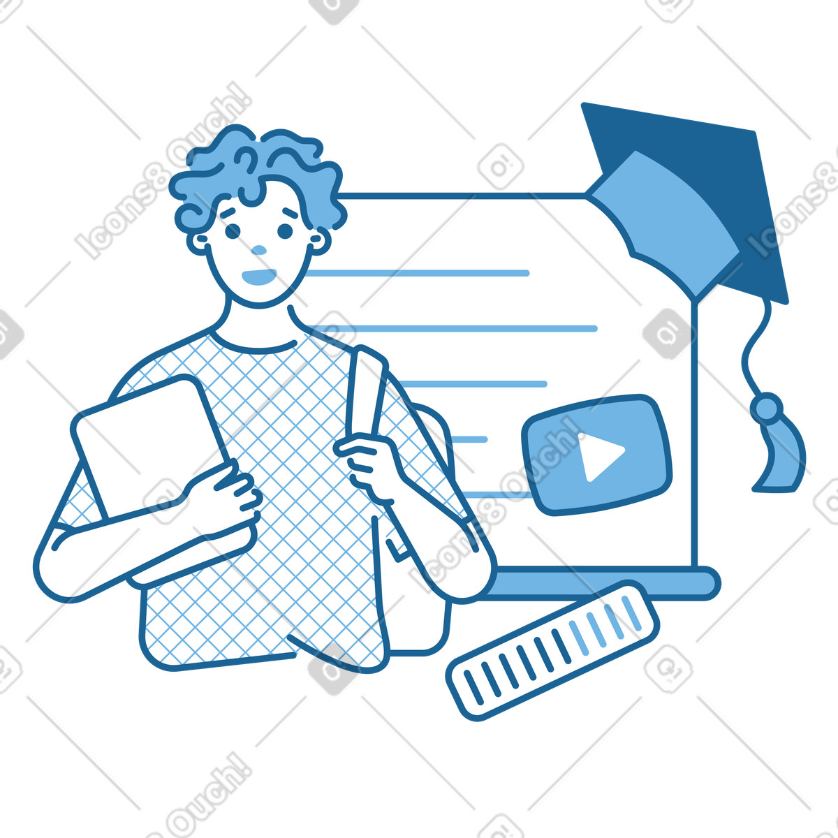 Giovane che ottiene una laurea accademica online illustrazione in stile Natty scarica in PNG, SVG
