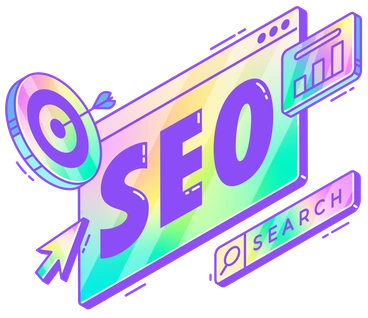 Colorful SEO text with graphs and target icon - Holographic style illustration