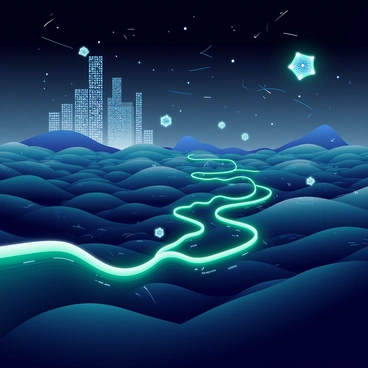 A vast landscape is visible, filled with interconnected digital networks that create a glowing representation of a cybernetic universe. Twisting pathways of neon blue and green circuits weave through the scene, illuminated against a dark backdrop. Floating above the landscape are holographic nodes that pulse with light, signifying data points, and intricate geometric shapes hover in the air, casting soft reflections below. In the distance, towering structures with luminous edges rise, resembling futuristic skyscrapers made of light, while shimmering particles drift through the atmosphere, enhancing the digital ambiance of the universe.