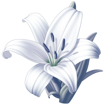 A close-up view of a white lily flower. The petals are delicately formed and open, showcasing their smooth texture. Small, clear dew drops are resting on the surface of each petal, glistening in the light. The background features blurred greenery, adding depth to the image while keeping the focus on the lily. The overall composition captures the freshness of the morning.