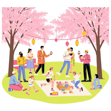 A group of people enjoying a cherry blossom festival, standing beneath an abundance of pink flowers. The trees are heavily laden with blossoms, creating a vibrant pink canopy above. Lanterns in red and white hang from the branches, illuminating the scene. Some people are taking pictures, while others are chatting and laughing together. A picnic blanket is spread on the grass, adorned with traditional snacks and drinks. Children are running around, playing near the flowers, while a few adults are sitting on nearby benches, admiring the beauty of the festival.