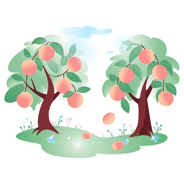 A peach grove with trees full of ripe peaches hanging from branches. The leaves of the trees are swaying softly in a gentle breeze. The ground is covered with green grass and small wildflowers are scattered among the trees. Sunlight filters through the leaves, creating a dappled effect on the ground. A few peaches have fallen on the earth, adding to the vibrant scene.