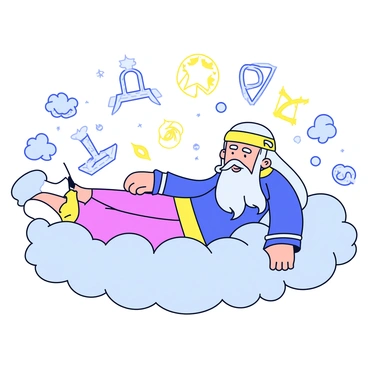 A figure representing Odin is reclining on a large, fluffy cloud. His long, flowing beard and hair are a mix of white and silver. Surrounding him is a dreamscape filled with various symbols, such as runes and mythical creatures. The symbols glow softly in shades of blue and gold. Additionally, there are swirling misty elements around Odin that add a sense of movement to the scene. His expression is one of deep concentration and insight as he experiences the visions.