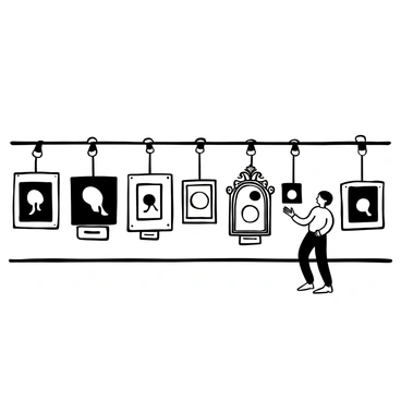 A black-and-white illustration of an art gallery wall featuring a series of framed paintings. Each painting showcases a different style of "fried egg," with some depicting realistic representations and others illustrating abstract interpretations. The frames vary in design, with ornate and simple styles, adding to the diversity of the display. Beneath the paintings, there is a label describing each artwork. The gallery has a polished wooden floor and spotlights illuminating the paintings, enhancing their features.