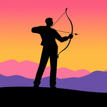 A silhouetted figure holding a bow and arrow against a sunset backdrop