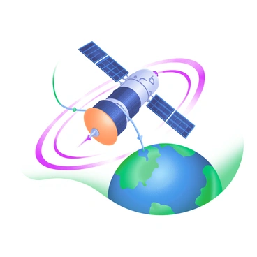 A modern pastel illustration featuring a satellite in orbit around the Earth. The satellite is depicted with sleek, metallic surfaces and solar panels extended. Surrounding the satellite are curved path lines in soft pastel colors, illustrating the concept of centripetal force. The Earth below is shown in vibrant blues and greens, with visible landmasses and swirling clouds, providing a clear context for the orbiting satellite.