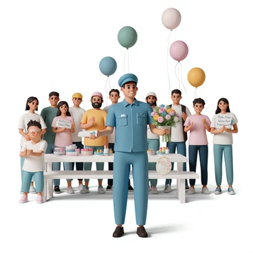 A postman, wearing a blue postal uniform with a cap, stands in front of a small crowd of community members. He is smiling and holding a bouquet of flowers in one hand while receiving a handwritten thank-you card with the other. The community members, a diverse group of men, women, and children, are applauding and smiling. Some are holding signs that say "Thank You!" and "We Appreciate You!" Balloons in various colors float above the gathering, and a picnic table laden with treats and refreshments is visible in the background. The atmosphere is bright and cheerful.