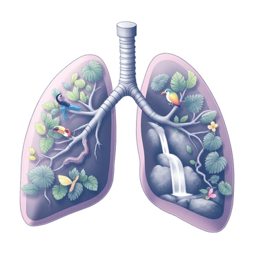 A pair of lungs represented as a dense rainforest. The left lung is filled with thick, vibrant foliage, showcasing various types of leaves and vines. Exotic wildlife can be seen among the branches, including a toucan perched on a limb, a snake winding through the underbrush, and butterflies fluttering near colorful flowers. The right lung features a waterfall cascading down rocks, surrounded by lush greenery. The overall structure retains the anatomical shape of human lungs, with detailed textures of bark and foliage.