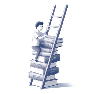 A person is climbing a ladder made entirely of stacked books. Each book has a distinct title embossed on its spine, representing various life lessons learned. The individual is halfway up the ladder, reaching for the next book above. Their expression reflects determination and focus. The books are arranged neatly, creating a visually striking pattern. The surrounding area is open, suggesting a limitless sky above the ladder. The ground beneath the ladder is plain, emphasizing the ascent towards knowledge.