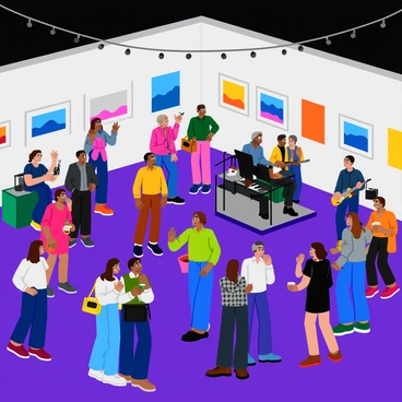 A nighttime scene of a gallery event in NYC, bustling with people. The gallery is adorned with "twinkling lights" hanging from the ceiling and around the entrance. Guests are engaging in conversation and viewing artwork displayed on the walls. A small stage is set up in one corner, featuring musicians playing live music. The atmosphere is lively, with a diverse crowd enjoying the art and ambiance. Tables are set up with refreshments, and some guests are holding drinks while tapping their feet to the rhythm of the music.