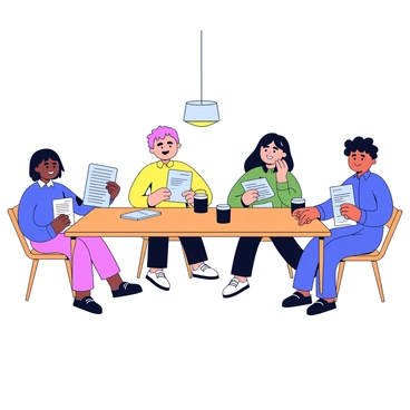 A group of four friends is sitting around a rectangular wooden table. Each friend has a stack of colorful papers in front of them, covered with notes and drawings. Two coffee cups, one black and one white, are positioned on the table. The friends are engaged in animated discussion, with one person pointing at a paper, while another is jotting down notes. The room has a simple, cozy atmosphere with a soft, warm light coming from an overhead lamp.