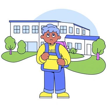 A nervous child stands outside a school building, clutching a colorful backpack with both hands. The child has a slight frown and wide eyes, scanning the area with curiosity. The school has a large entrance with double doors and a few windows visible. The ground is covered with neatly trimmed grass, and a few trees are scattered nearby, providing shade. The sky is clear, and a gentle breeze ruffles the child's hair.