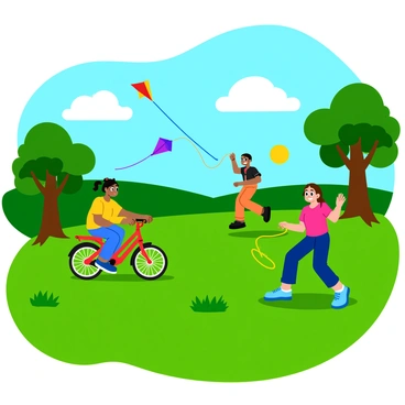 A group of four children is playing in a spacious park with lush green grass. Two children are flying colorful kites high in the clear blue sky, while another child is riding a bright red bicycle. The fourth child is joyfully jumping rope nearby. Some trees with thick trunks and leafy branches provide shade around the area. The sun casts warm light, creating a cheerful atmosphere. Each child has a big smile, showcasing their enjoyment of the beautiful day.