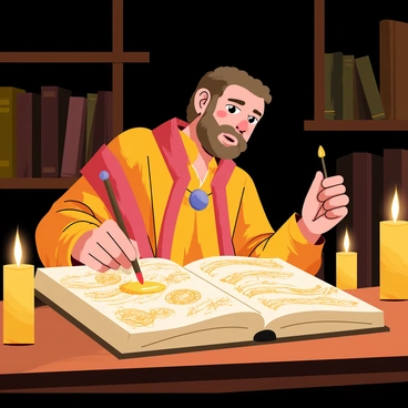 A medieval scribe sits at a wooden table in a dimly lit room. The scribe has long, flowing robes of rich colors and is focused intently on a large, ornate book open before him. The pages are made of parchment and filled with intricate designs and elegant calligraphy. The scribe holds a quill in one hand, delicately applying vibrant, golden paint to embellish the illustrations on the page. Surrounding the table are flickering candles, casting warm light that highlights the detailed artwork and the scribe’s concentrated expression. There are shelves filled with other books and scrolls in the background, adding to the scholarly atmosphere.