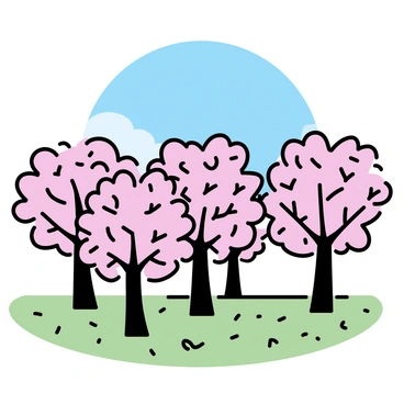 A field filled with cherry blossom trees in full bloom, showcasing clusters of pink flowers. The branches are heavy with blossoms, and delicate petals are gently falling to the ground, creating a soft carpet of pink on the green grass below. The scene captures a clear blue sky above, enhancing the vibrant colors of the blossoms.