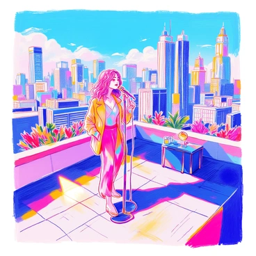 Chappell Roan is standing on a rooftop stage, passionately singing into a microphone. She is wearing a colorful, shimmering outfit that reflects the sunlight. Her hair is styled in loose waves cascading over her shoulders. The city skyline looms in the background, showcasing tall skyscrapers with glass facades against a bright blue sky. Bright lights illuminate the rooftop area, creating an energetic atmosphere. A small crowd is gathered in front of the stage, captivated by her performance.