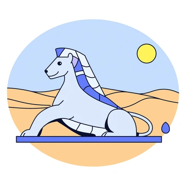 A sphinx with a body made of abstract metallic forms in a desert landscape