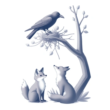 A crow is perched on a large branch, actively gathering twigs and leaves to construct its nest. The crow has glossy feathers and a sharp beak, and it is focused on its task, manipulating the materials with precision. Below, a fox is sitting on its haunches, observing the crow with keen interest. The fox has a bushy tail, pointed ears, and bright eyes, creating a sense of curiosity in its posture. The surroundings include a mix of trees and plants, setting a natural scene where the animal interactions are highlighted.
