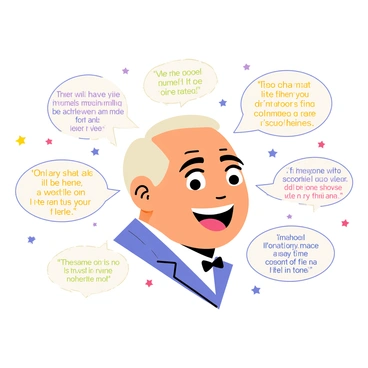 A portrait of a legendary comedian in the center, featuring a broad smile and expressive eyes. The comedian is wearing a classic suit with a bow tie. Surrounding the portrait are speech bubbles containing iconic quotes in an engaging font. Each quote has a distinct style and color, adding vibrancy to the illustration. The background is filled with small stars and playful doodles to enhance the celebratory theme of the tribute.