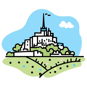 Mont Saint Michel, a striking medieval abbey with a tall spire, rises dramatically from the landscape. The abbey is surrounded by a series of intricate stone walls and towers, showcasing a blend of Gothic architecture. Lush green fields stretch out in all directions, dotted with patches of wildflowers in various colors. A clear blue sky hangs overhead, adding to the vibrant scene. Wispy clouds float gently above the abbey, enhancing the picturesque setting.