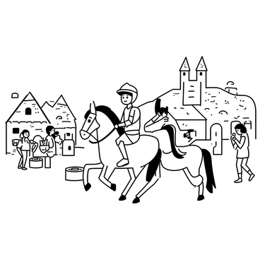 A young knight in shining armor is riding a small pony through a medieval village. The knight has a determined expression, with a helmet slightly askew revealing a youthful face. The pony is adorned with a simple saddle and bridle. Surrounding them are quaint stone homes with thatched roofs, and villagers can be seen going about their daily tasks. Some are carrying baskets, while others are chatting by the well in the village square. In the background, a tall castle can be seen on a hill, completing the picturesque scene.
