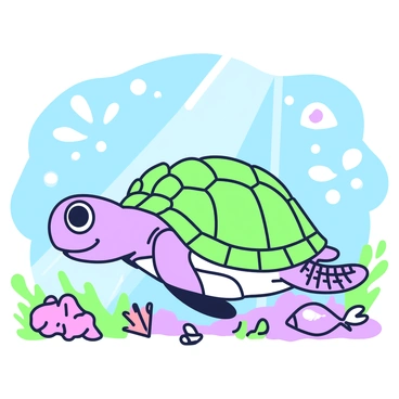 A sea turtle is swimming underwater, its flippers moving gracefully as it approaches a piece of microplastic. The turtle has a textured shell and large, expressive eyes, showcasing its curiosity. The microplastic appears bright and colorful, contrasting with the natural hues of the ocean. The turtle opens its mouth slightly, about to bite into the piece. Surrounding the scene, there are coral formations and small fish swimming nearby, adding to the underwater environment. Sunlight filters down through the water, creating patterns of light and shadow on the ocean floor.