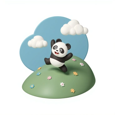 A panda, with its distinctive black and white fur, is playfully jumping down a vibrant green grassy hill. The panda's eyes are wide and bright, conveying a sense of cheerfulness. Its limbs are outstretched, and its mouth is open in what appears to be a joyful expression. The hill slopes gently, dotted with colorful wildflowers, and the blue sky above is filled with fluffy white clouds, adding to the lively atmosphere of the scene.