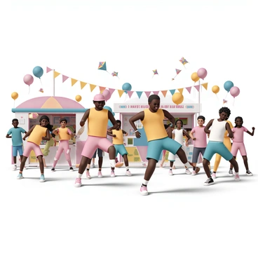 A vibrant outdoor festival scene filled with a diverse group of people engaging in fitness activities. In the foreground, several individuals are doing "jumping jacks," showcasing dynamic movement. They are wearing colorful athletic clothing, including tank tops, shorts, and sneakers. Surrounding them are festive decorations such as "banners" and "colorful balloons" fluttering in the breeze. In the background, people are enjoying various activities, including "food stalls" with bright signs and "children playing" with "colorful kites" in the air. The atmosphere is energetic and filled with smiles as attendees participate in this active celebration.
