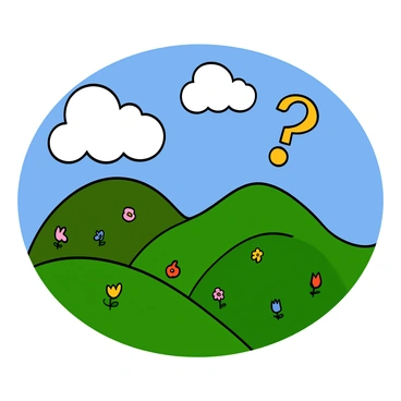 A dreamy landscape featuring softly rolling green hills under a bright blue sky. There are fluffy white clouds floating above, shaped like question marks, creating a whimsical atmosphere. The hills are dotted with colorful wildflowers, adding vibrant splashes of color to the scene. The sunlight casts gentle shadows, enhancing the serene mood of the landscape.
